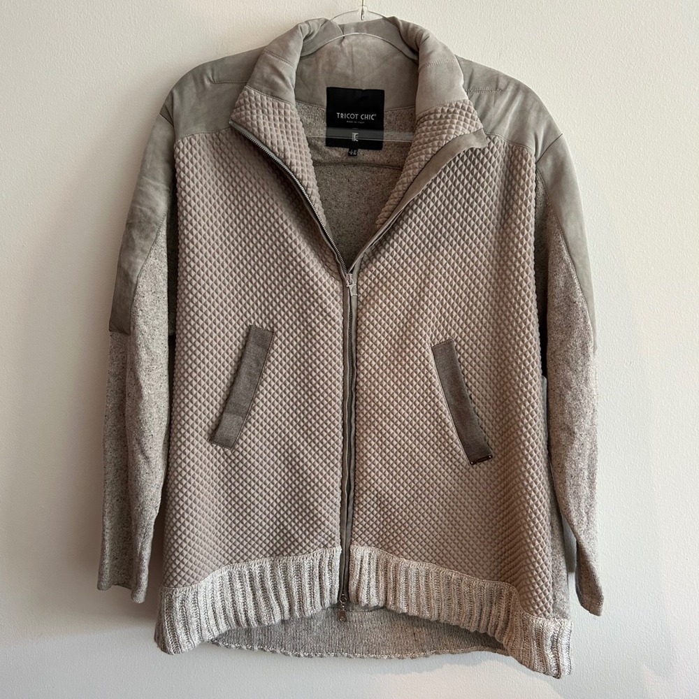 Tricot Chic Jacket Taupe US 6 Silk Alpaca Blend Zip Up Made in Italy